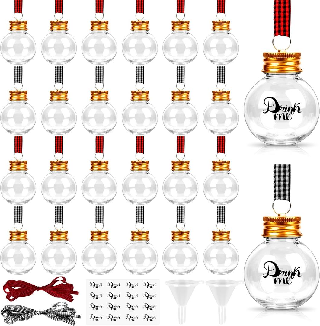 32 Pack Christmas Booze Balls, Fillable Christmas Tree Hanging Ornaments Clear Plastic Water Bottle Bulbs Pendant Ball with Plaid Ribbon and Stickers for Xmas Home Party Decor(Ball)