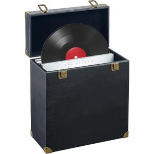 Vinyl Record Storage Box, Solid Wood Vinyl Record Box Fits Standard Records- 7/10 Inch, (Upgrade Double Latch) LP Album Record Storage Case Hold 40 Records - Carbonized Brown (Black)