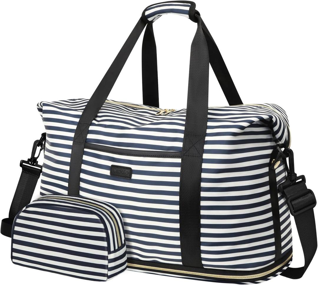 Expandable Travel Duffle Bags Weekender Overnight Bags for Women Men Hospital Bag for Women Labor Delivery with Toiletry Bag Waterproof (Blue Stripe)