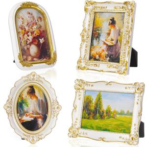 Geetery 4 Pcs Vintage Picture Frames Set, White Ornate Baroque Frames for Gallery Wall, Antique Victorian Decorative Photo Frame for Tabletop or Wall Display, Shabby Cottagecore Home Decor