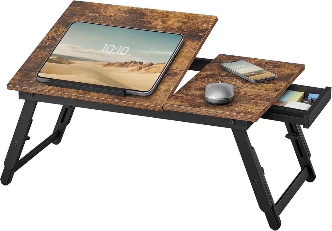 SONGMICS Bed Laptop Desk, Folding Bed Tray for Laptop up to 15.6 Inches, Adjustable Angle and Height, Portable for Working Reading Writing Breakfast, Bamboo Legs, Drawer, Rustic Brown ULLD105B01 (13.7"D x 21.8"WBamboo+MDF)