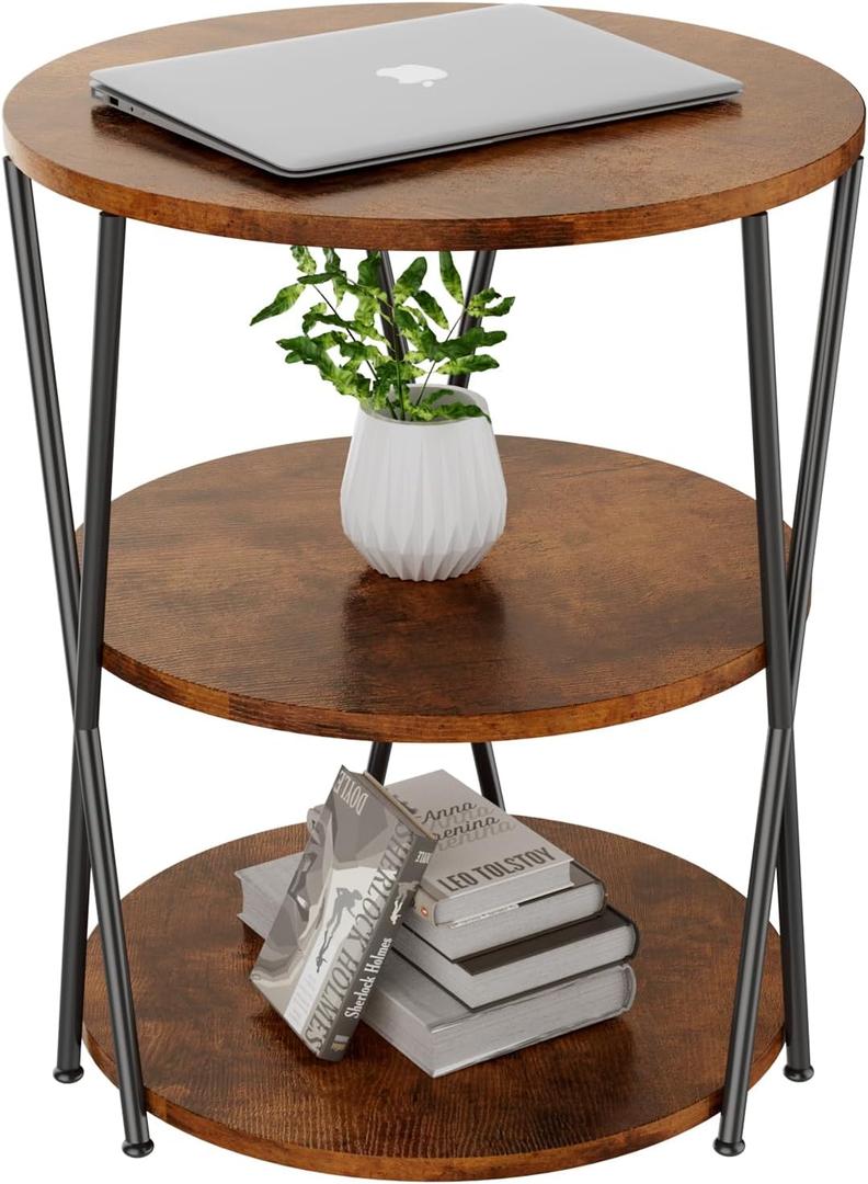 Big Side Table, 3-Tier Large Size Round End Table with X-Leg Design, Nightstand Bedside Table for Living Room, Bedroom, Drink Table Coffee Table for Patio, Indoor Outdoor Use, 16.5''x16.5''x22.8'' (Brown+black)