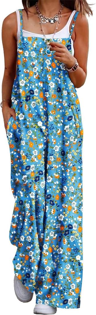 YESNO Women's Summer Boho Cotton Casual Jumpsuits Wide Leg Overalls Floral Print Baggy Rompers with Pockets PZZCR (Blue, XXL)