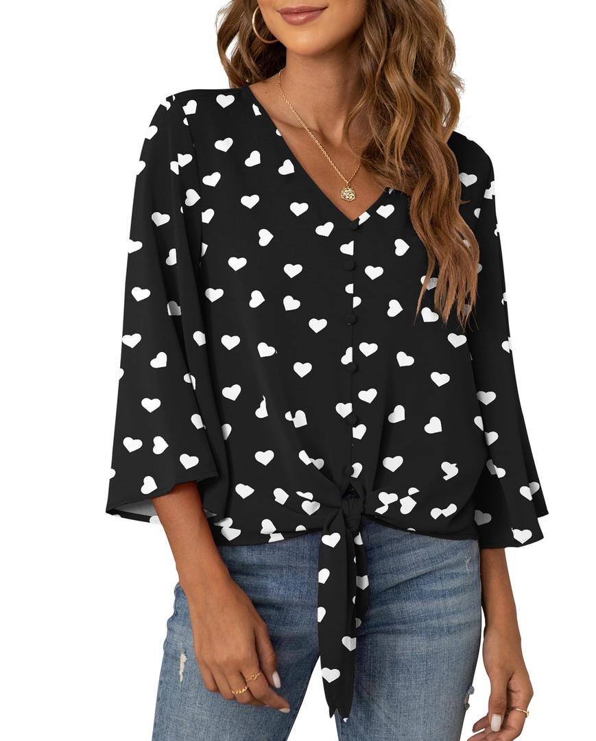 VIISHOW Women's Casual V Neck Tops 3/4 Sleeve Tie Knot Summer Blouses Button Decorative Shirts Blouses,L Black Love,Small