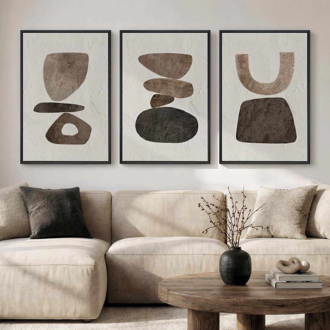 Large Framed Neutral Abstract Canvas Wall Art for Living Room, 3 Piece Wabi-Sabi Minimalist Modern Prints Paintings Artwork for Walls, Pictures Wall Decor for Bedroom, Office, Dining Room 24x36 In