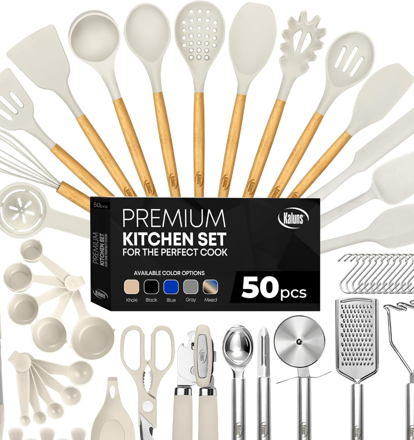 Kaluns Kitchen Utensils Set, 50 Piece Silicone And Stainless Steel Cooking Utensils, Dishwasher Safe and Heat Resistant Kitchen Tools