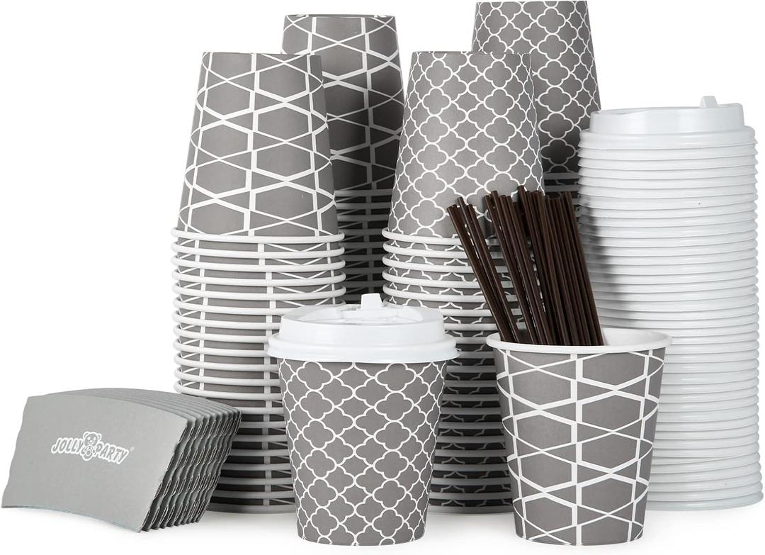 JOLLY PARTY [100 Sets] 10 oz Paper Coffee Cups, Disposable Coffee Cups with Lids, Sleeves and Straws, Hot Cold Beverage Drinking Cup for Water or Tea, To-Go Cups Suitable for Office and Travel