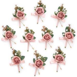Serwalin 10Pcs Boutonniere for Men, Pink Groom and Best Man Boutonniere, Artificial Flowers for Wedding Decor, Prom, Homecoming, Ceremony Anniversary, Formal Dinner Party