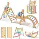 Tiny Land Pikler Triangle Set, 7-in-1 Foldable Pikler Triangle Climbing Toys Set for Kids,Baby Indoor Playground Jungle Gym, Wooden Montessori Climbing Set for Toddler (Sky Blue)