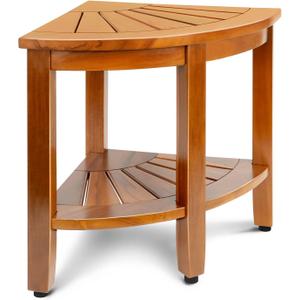 18" Premium Teak Corner Shower Bench with Shelf, Solid Teak Shower Stool, Durable Waterproof Wooden Seat for Inside Shower, Teak Wood Bench for Bathroom, Indoor & Outdoor Use, 16" W X 16" D X 18" H