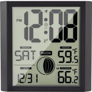 Warminn Atomic Wall Clock with Indoor/outdoor Temp Large Number Display Silent Battery Operated Alarm Analog Digital Clocks for Bedroom Dementia Seniors Desk Living Room Office Bathroom Kitchen Shower (Black)