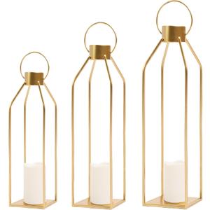 HPC DECOR Modern Farmhouse Lantern Decor- 22''19''16'' Tall Large Gold Metal Candle Lanterns for Home Decor-Lanterns Decorative w/Timer Flickering Candles for Living Room,Outdoor,Fireplace Mantle Decor