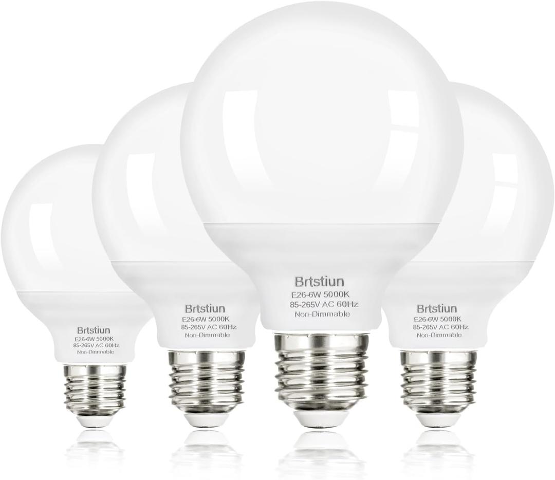 Brtstiun G25 LED Light Bulb, Round Vanity Light Bulbs for Bathroom, 40W LED Equivalent, Daylight White 5000K, Globe Light Bulbs E26 Base, 600LM, Non-Dimmable, 4-Pack
