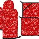 White Love Hearts Oven Mitts and Pot Holders Sets 4Pcs,Extra Long Oven Gloves Potholder for Kitchen Cooking Baking BBQ 100% Cotton Heat Resistant