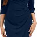 Womens Midi Pencil Dress Bodycon V Neck Ruched Design Long Sleeve Cocktail Party Night Out Dinner Dresses (Blue, M)