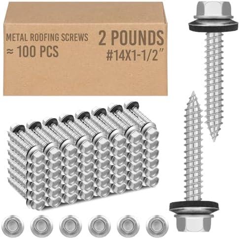 Zonon 50 Pcs Metal Roofing Screws #14 x 1-1/2 Inch Hex Head Sheet Metal Screws for Roof Panels with EPDM Rubber Washer
