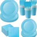 210-Piece Disposable Light Blue Paper Plates Party Supplies - Party Plates, Cups, And Napkins Sets, Light Blue Plastic Silverware, Serves 30 People