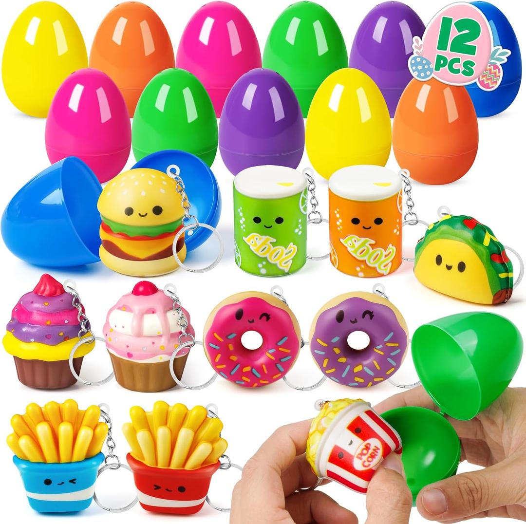 12 Pack Prefilled Easter Eggs with Food Squishy Toys Keychains, Easter Eggs Filled for Kids Easter Egg Hunt Easter Basket Stuffers Goodie Bag Fillers School Classroom Gifts