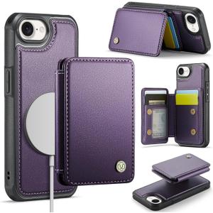 Compatible with Magsafe for iPhone 16E Wallet Case Magnetic Card Holder, RFID Blocking 2 in 1 Detachable Kickstand Shockproof Cover for Women Men, Purple