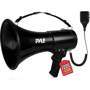 Pyle 50W Megaphone Bullhorn - Portable, Automatic Siren & Adjustable Volume, Projection Range Up to 1200 Square Yards, Aux Input, Talk, Siren, Music, Whistle, & Record, Shoulder Strap
