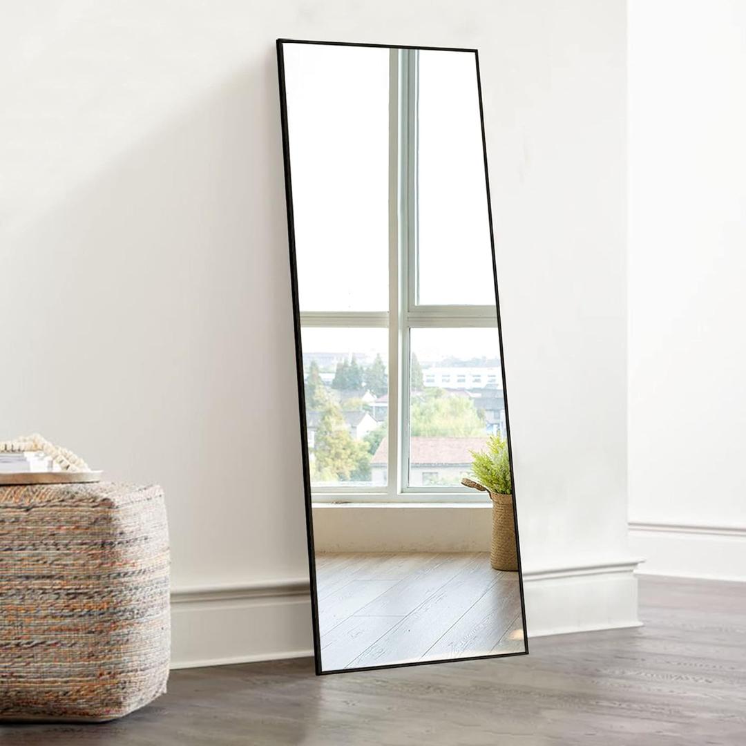 KIAYACI Wall Mirror Full Length Full Body Mirror Bedroom Dressing Mirror Standing Hanging or Leaning Against Wall Aluminum Alloy Frame(Black, 43" x 16") (43"L x 16"W)