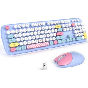 Wireless Keyboard and Mouse Combo, 2.4G Retro Typewriter Keyboard with Number Pad and Cute Ambidextrous Wireless Mouse for Computer Laptop (Light Blue Colorful)