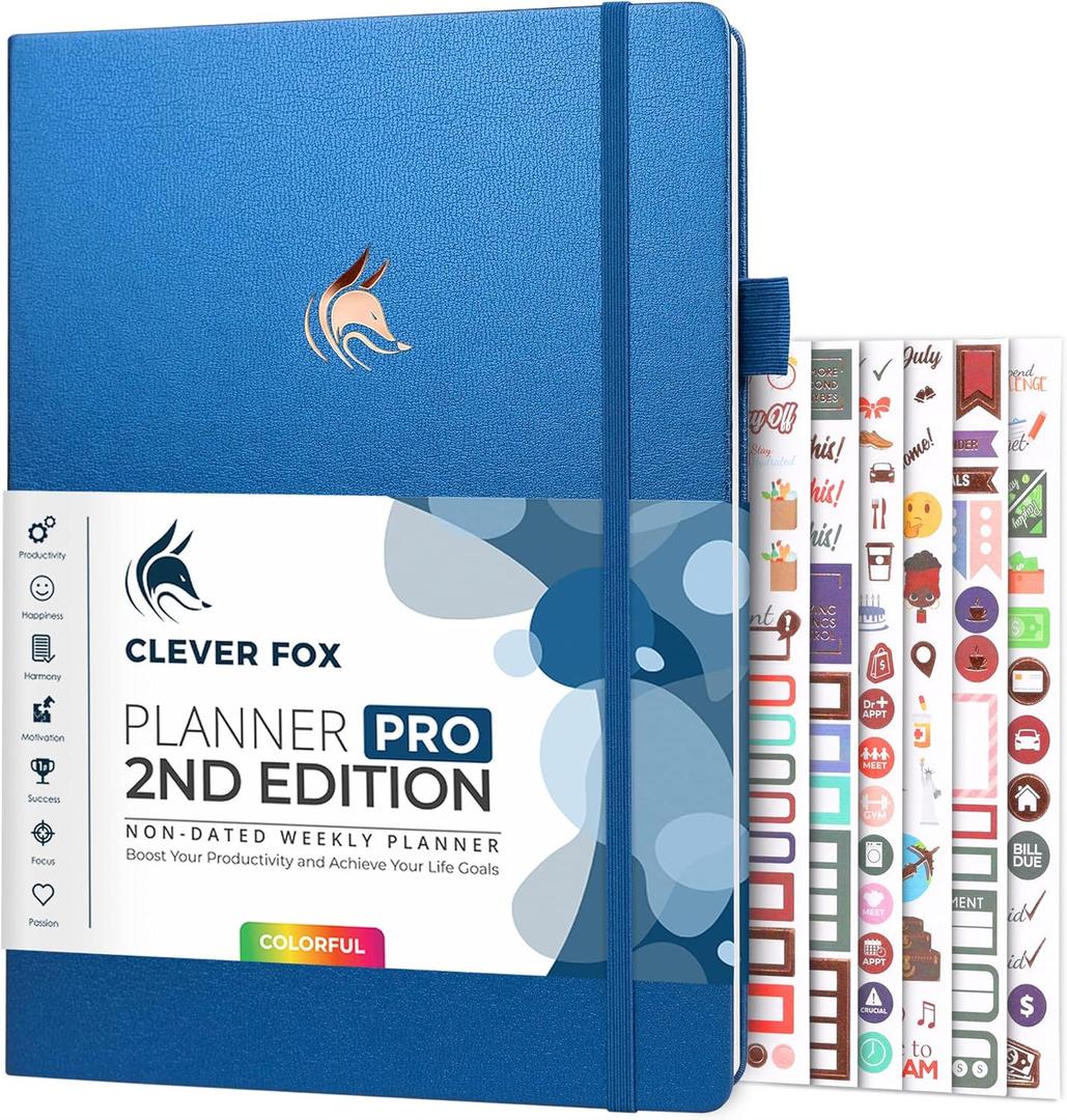 Clever Fox Planner PRO 2nd Edition  Undated Weekly Agenda Planner for Setting Goals, Tasks & Time Management  Life Organizer with To-do Lists & Habit Trackers  Large, 8.5x11 (Mystic Blue)