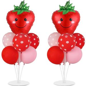 Strawberry Party Balloons Stand Kit 2 Sets with 2 Strawberries Foil Balloons Sweet Strawberry 1st Party Balloon Centerpieces for Tables for Girls Strawberries Birthday Themed Decorations, 10 Inches, 12 Inches
