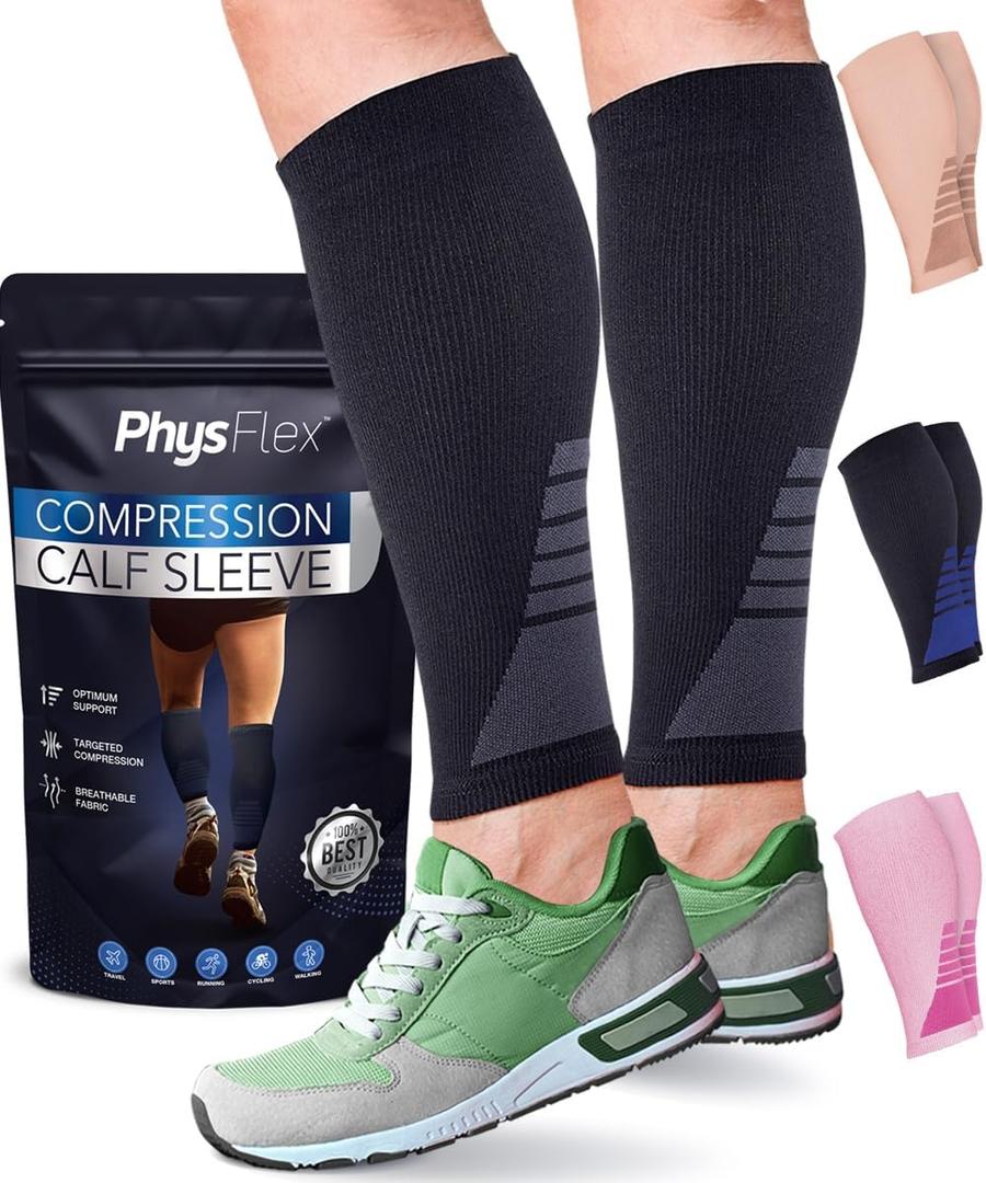 Calf Compression Sleeves for Men and Women - (1 Pair) Footless Compression Socks Support for Varicose Veins, Nursing, Pregnancy, Running - PhysFlex Leg Sleeve Brace for Shin Splints, Pain Relief and Reduces Swelling (Black, Medium)