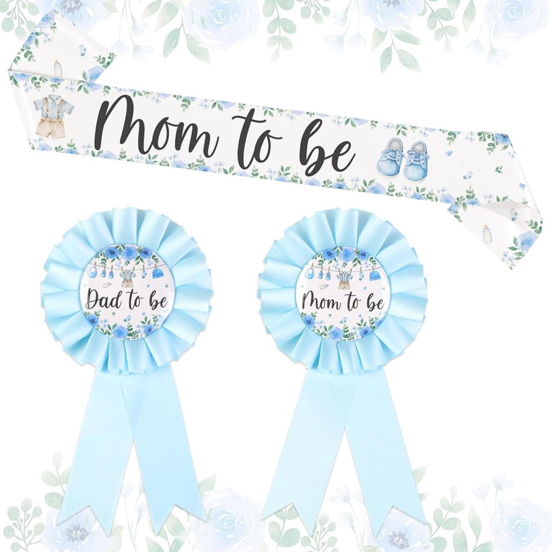 Clothes Theme Baby Shower Party Favor Blue 3 Pcs Clothes Mom To Be Sash Corsage Pin Set for Baby Shower Gender Reveals Party Favors Supplies Pregnancy Props Gift for Boy