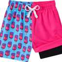 westwolf Boys Swim Trunks with Compression Liner Casual Bathing Suit for Kids Swim Shorts 6-18 Years (A1 Pink Blue)