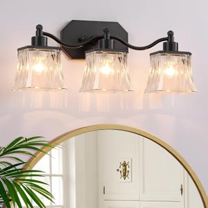XvmBvm Bathroom Vanity Light Fixtures, 3-Light Vintage Matte Black Vanity Lights with Crystal Glass Shades, Farmhouse Bathroom Lighting Fixtures Over Mirror for Bathroom Bedroom Hallway