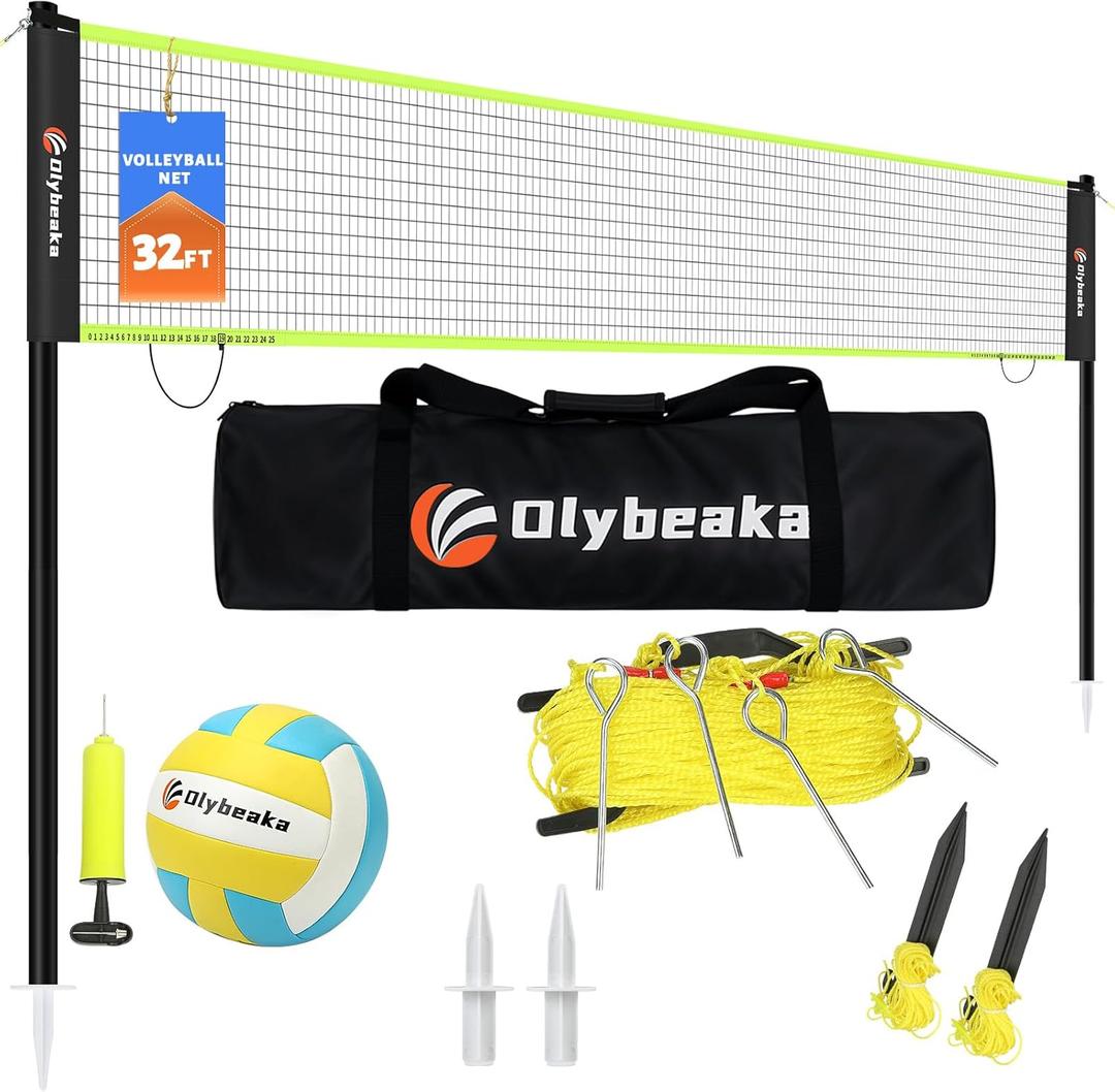 32ft Regulation Size Portable Outdoor Volleyball Net Set System for Backyard Beach with Height Adjustable Poles, PU Volleyball and Pump, Carry Bag, Boundary Line - Easy Set Up & Anti-Sagging (Black and Green)