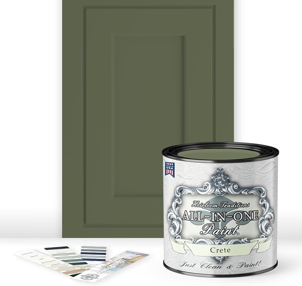 ALL-IN-ONE Paint, Durable cabinet and furniture paint. Built in primer and top coat, no sanding needed. Includes our 30 featured color card - Crete (olive green), Quart (32 Fl Oz (Pack of 1))