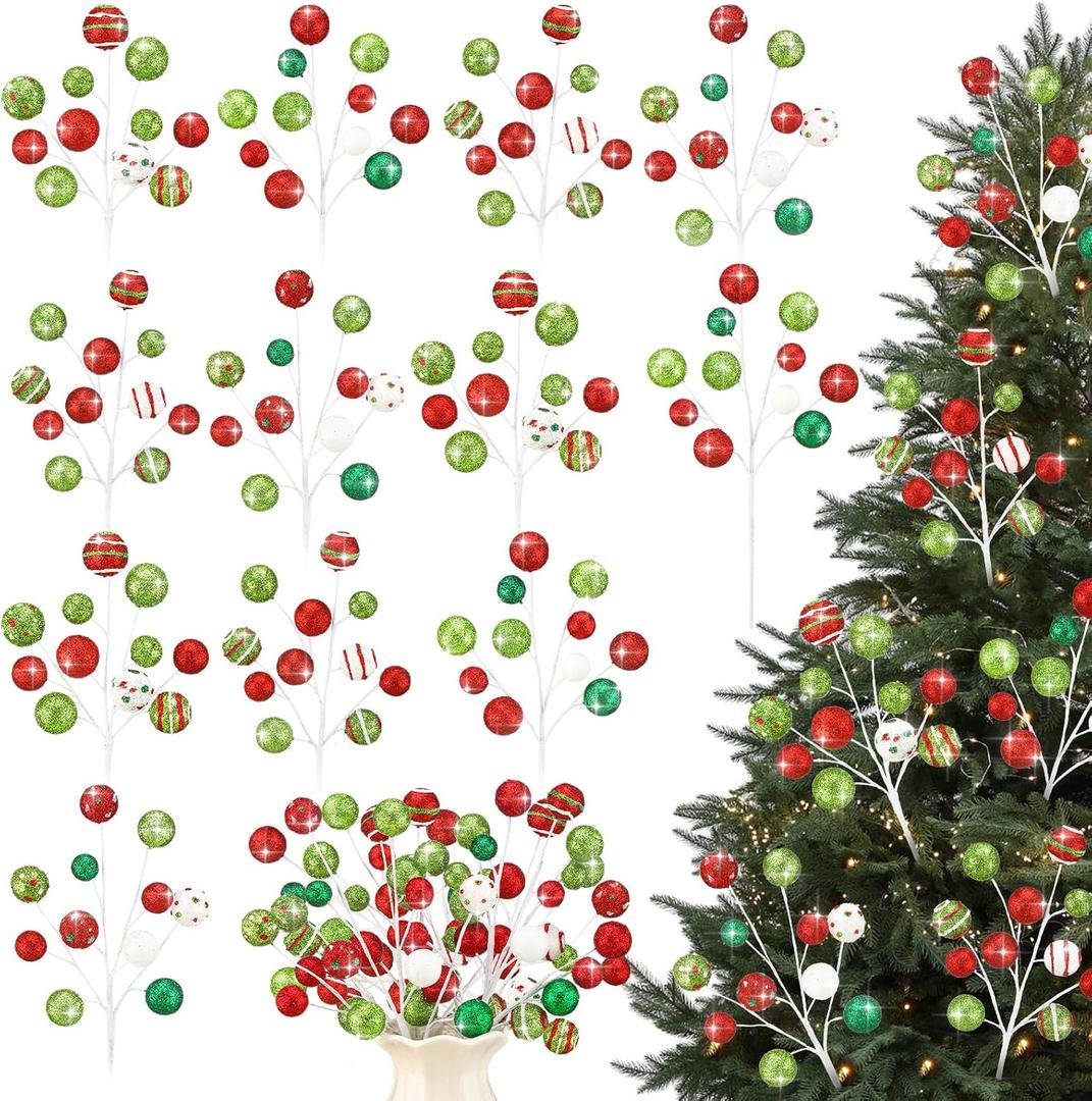 Yalikop 12 Pcs Christmas Glitter Ball Picks 15 Inch Green Red White Berries Picks for Christmas Tree Decorations Xmas Topper Ornaments DIY Wreath Garland Crafts Holiday Vase Fillers Winter Home Decor