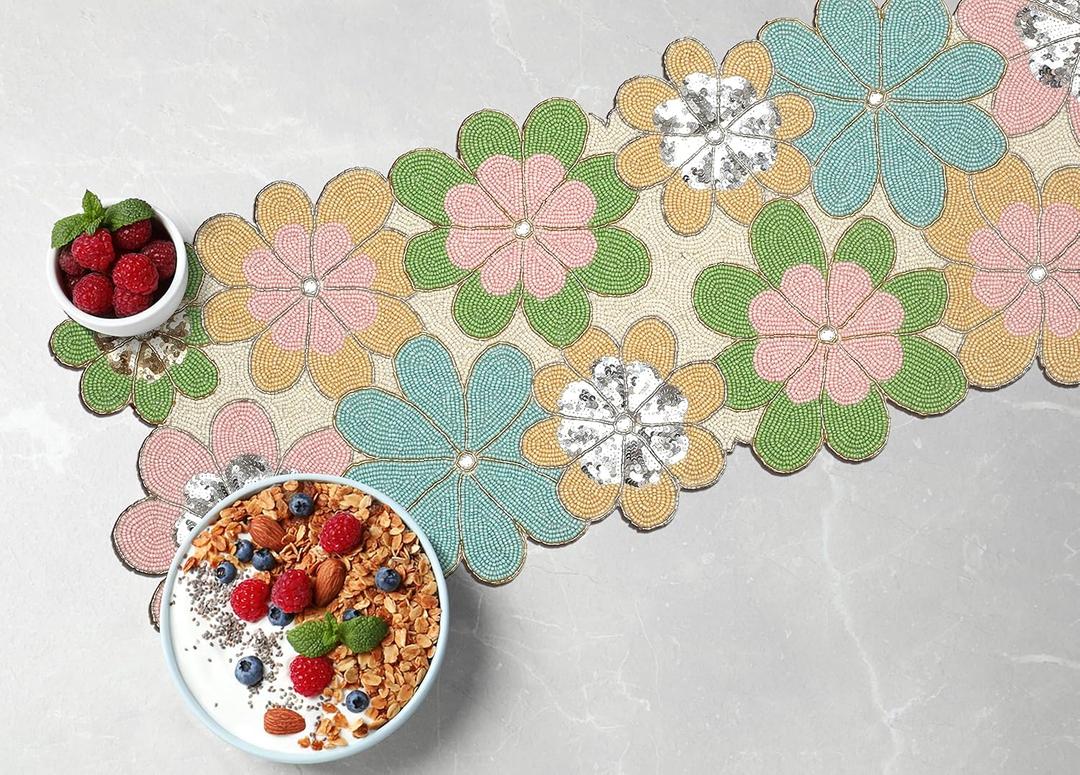 lightnpro Chrtistmas Beaded Table Runner, Christmas Table Runner, Rustic Farmhouse Hand Beaded Runner to Decorate Xmas Wedding Family Party Thanksgiving Dinner Table Décor - 13x36 Inch - Teal Combo