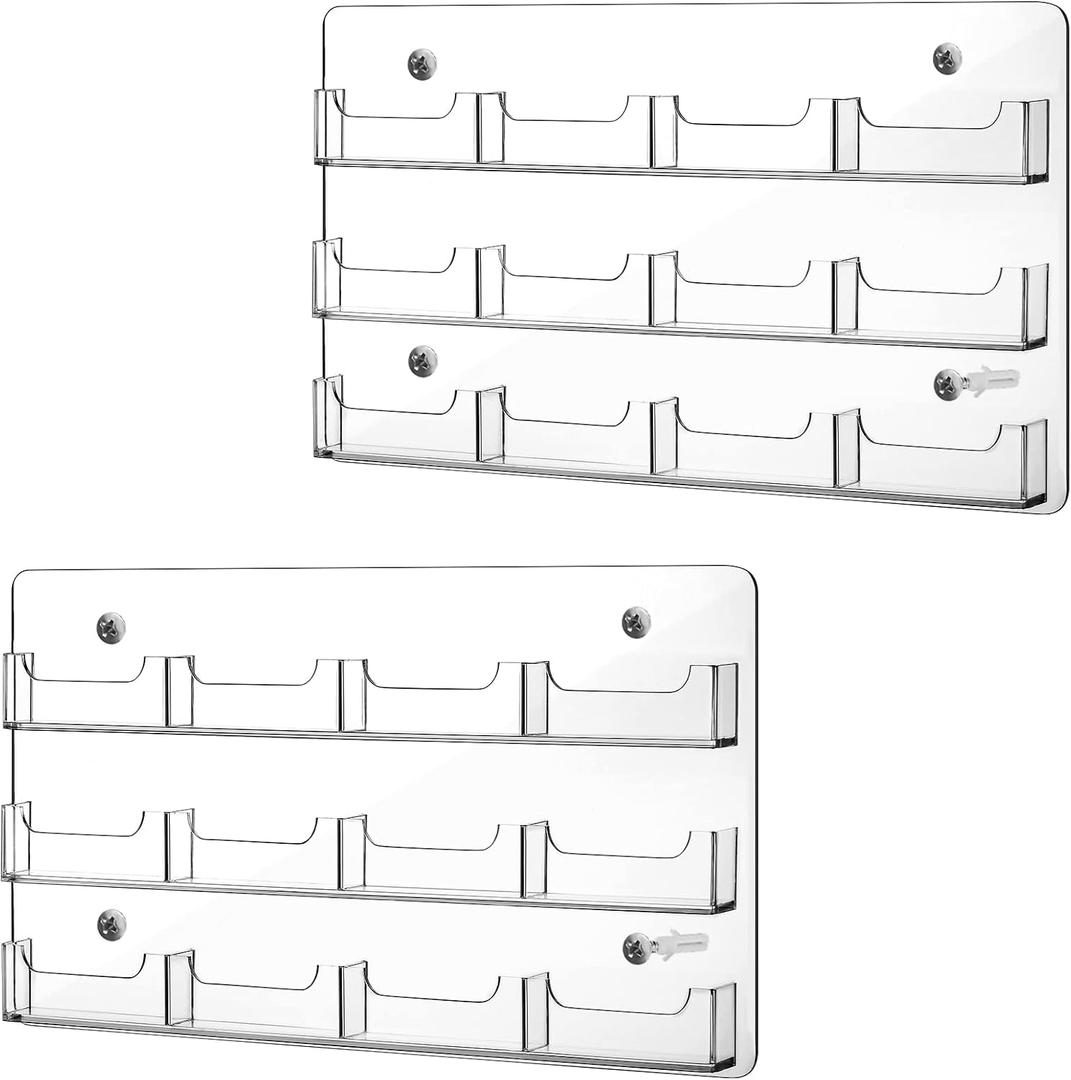 Qunclay 2 Pack 12 Pocket Acrylic Business Card Holder Wall Mount Clear Sticker Display Rack Horizontal Multiple Gift Card Rack Display Stand for Home Document Brochures Hanging Organizing Office Table