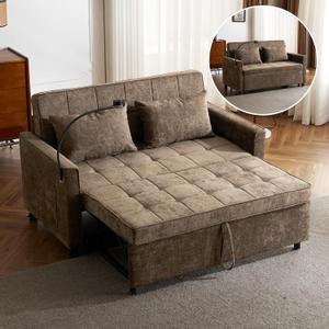 Merax 3 in 1 Convertible Sleeper Sofa Bed, Futon Couches for Living Room with USB Ports | Phone Holder| Reversible Backrest | Pull Out Couch |Small Loveseat, Brown