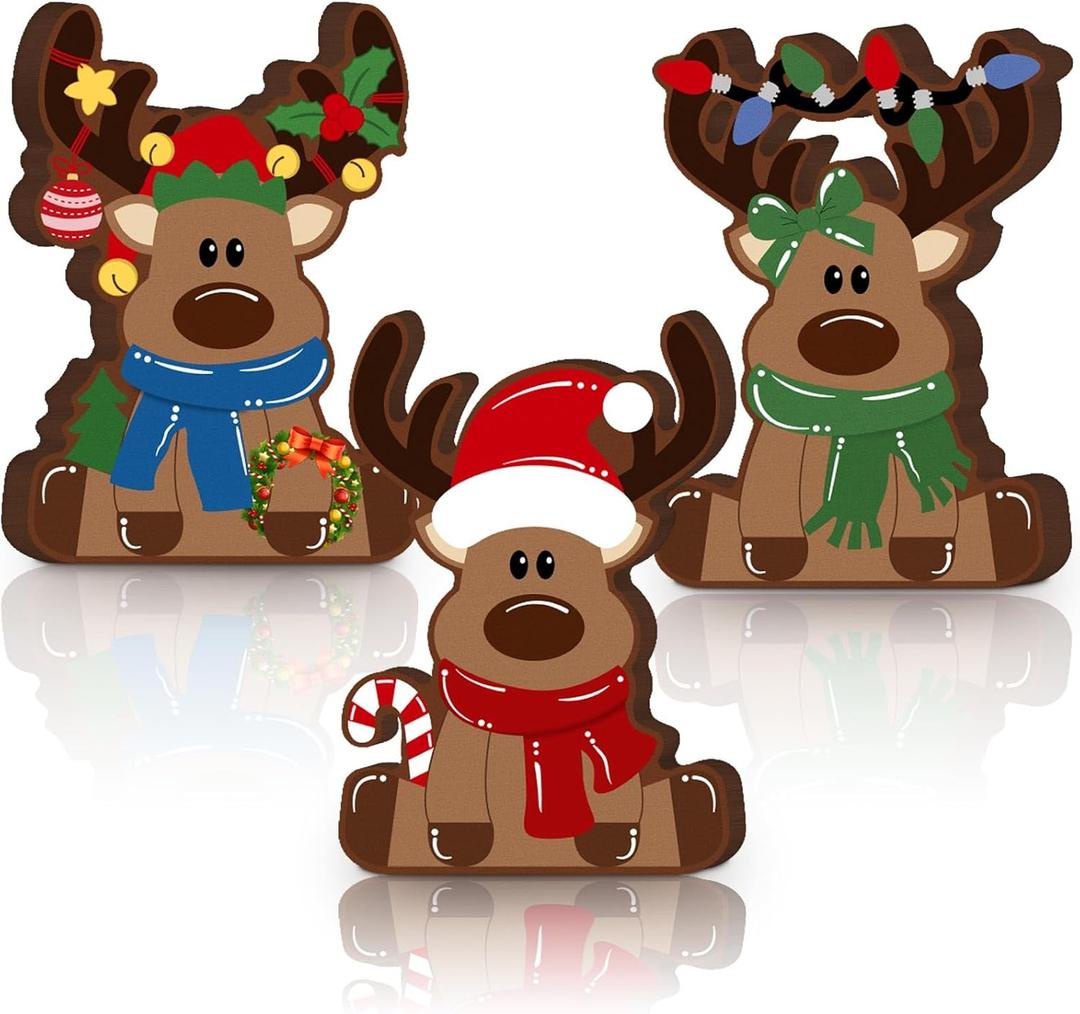 GlikCeil 3 Pcs Reindeer Christmas Tabletop Decorations Wooden Reindeer Shelf Decor Christmas Tiered Tray Rustic Farmhouse Xmas Standing Tabletop Elk Decor for Home Shelf Cabinet Table