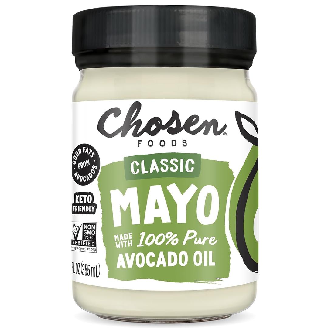Chosen Foods Classic Mayo, 12 Fl Oz - 100% Pure Avocado Oil-Based Mayonnaise - Non-GMO, Gluten-Free, Keto Friendly - 355mL Glass Jar (Pack Of 1) BBD:11/10/26