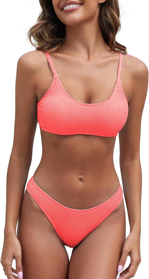 Fanuerg Women's Ribbed Bikini Sets Scoop Neck Cheeky Swimsuit Textured Two Piece Bathing Suit (Medium, Coral Pink)