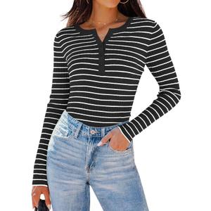 ZESICA Womens Long Sleeve Striped Shirts V Neck Button Up Sweater Casual Loose Basic Tops Trendy Spring Clothes (M)