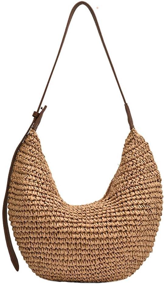 Straw Crossbody Shoulder Bag, Beach Woven Hobo Bags with Adjustable Strap, Large Capacity Straw Crescent Bags (Khaki)
