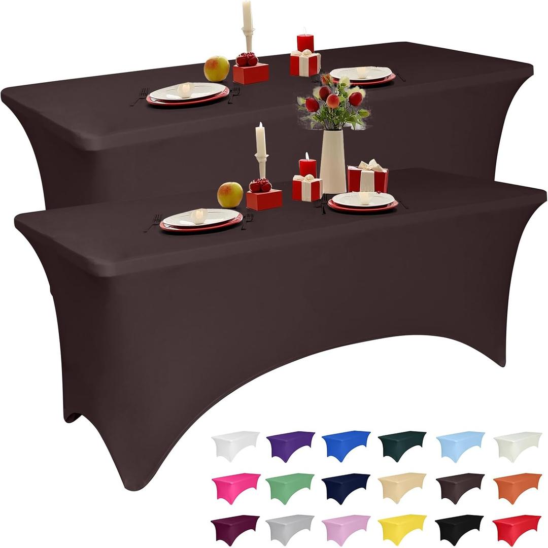 2 Pack 6 Feet Coffee Spandex Tablecloth for Tables, Fitted & Stretch, Washable, Wrinkle Resistant, Perfect for Event, Wedding, Party, Banquet, Cocktail, Festival, and Table Protector