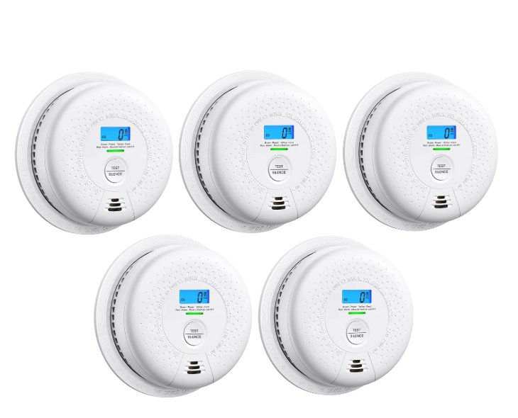 5 Packs, Smoke Combination CO Alarm,2-in-1 Detection, CO Detector,Smoke Detector,Battery Powered CO Alarm with LEDs,Digital Display,Test Button,Low Battery Warning,85db Alarm,Flexible Installation