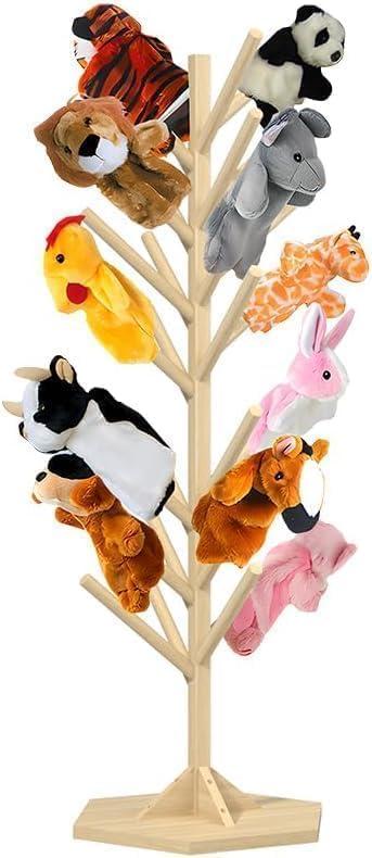 Wooden Puppet Stand – 45.5" Tall Puppet Tree Holds 30 Hand Puppets, Safe Storage & Display Organizer for Classrooms, Daycare, Therapy Rooms