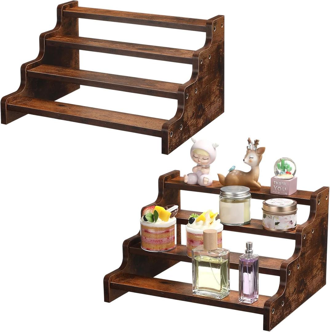 Namalu 2 Pcs 4 -Tier Vintage Spice Rack 13.8 Inch Wood Display Step Shelf Wood Riser Stand Display Shelf, Countertop Spice Storage Holder Rustic Tiered Perfume and Organizer Stand for Candles