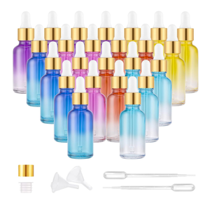PrettyCare Glass Eye Dropper Bottles 24 Pack, 1oz (30ml) Rainbow Empty Thick Bottles Bulk with Leakproof Goledn Caps - With Labels & Funnels for Storage, Travel, Essential Oils, Cuticle, Tinctures
