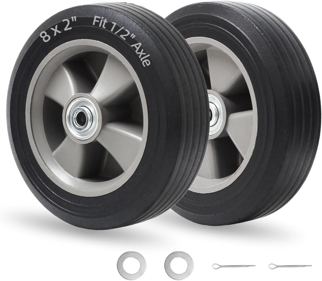 GICOOL 8" x 2" Solid Rubber FlatFree Tire and wheel, with Ball Bearings and 1/2” Axle Bore Hole, 2" Offset Hub, For Hand Truck Dolly Trolley Garden Wagon Cart Generator Replacement Tire, 2 Pack