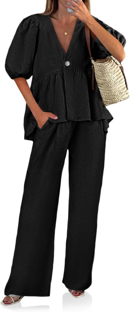 Tankaneo Womens 2 Piece Linen Sets Summer Vacation Outfits V Neck Puff Sleeve Babydoll Tops Wide Leg Pants Matching Sets (Black, XL)